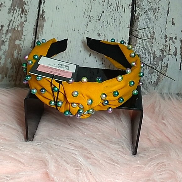Mustard Knotted Multicolor Pearl Embellished Soft HeadBand - Picture 5 of 12
